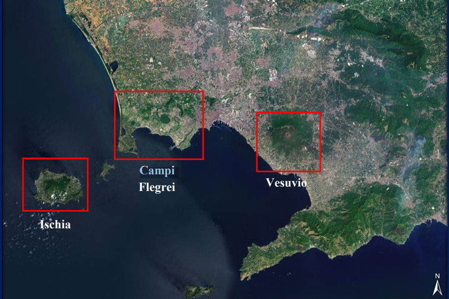 Immagine da satellite dell'area napoletano-flegrea in cui indicati i tre complessi vulcanici e l'elevata urbanizzazione. Fonte ESRI