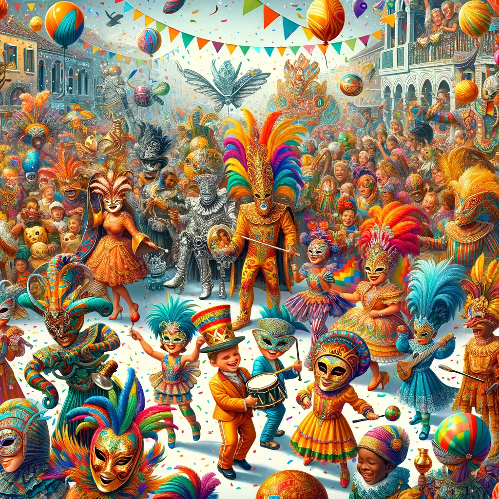 immagine che cattura la vivacità e il colore delle celebrazioni del Carnevale in tutto il mondo, rappresentando le tradizioni variegate che uniscono persone di diverse culture in questa festa di gioia e creatività. Dai costumi elaborati e le maschere di Venezia ai ballerini di samba del Carnevale di Rio, passando per i Gilles unici del Carnevale di Binche e i bambini in abiti festosi, questa immagine evoca l'essenza del Carnevale con tutti i suoi elementi di festa, musica e danza