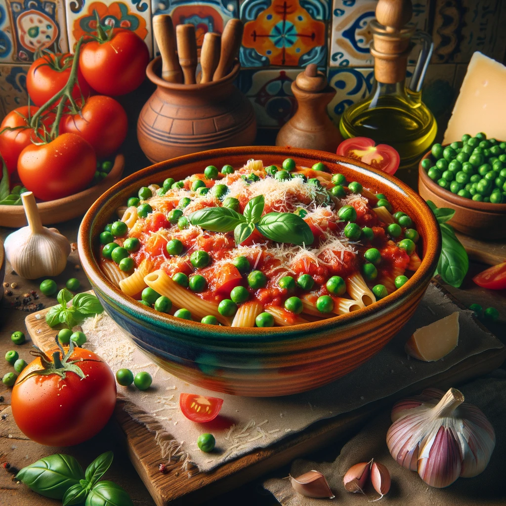 pasta e piselli alla siciliana con pomodoro