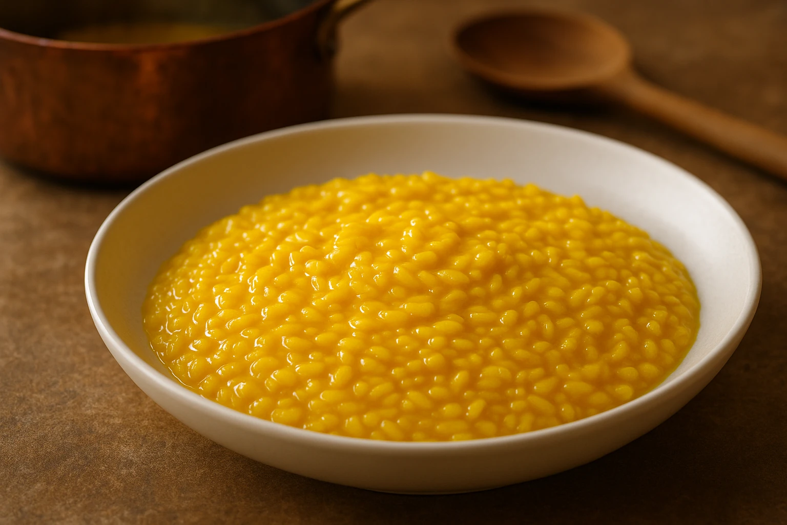 Creamy golden saffron risotto served in a white bowl