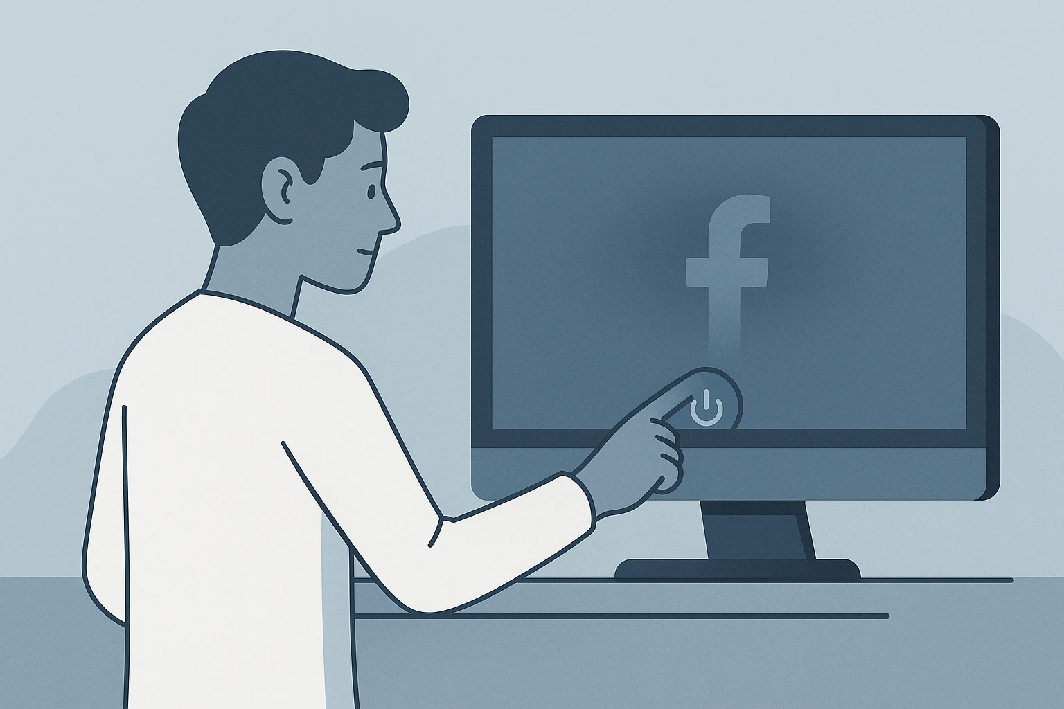 Person turning off a computer screen as the Facebook logo fades away.