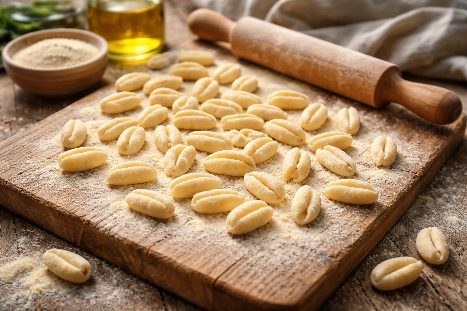 Fresh handmade cavatelli pasta on wooden board with semolina