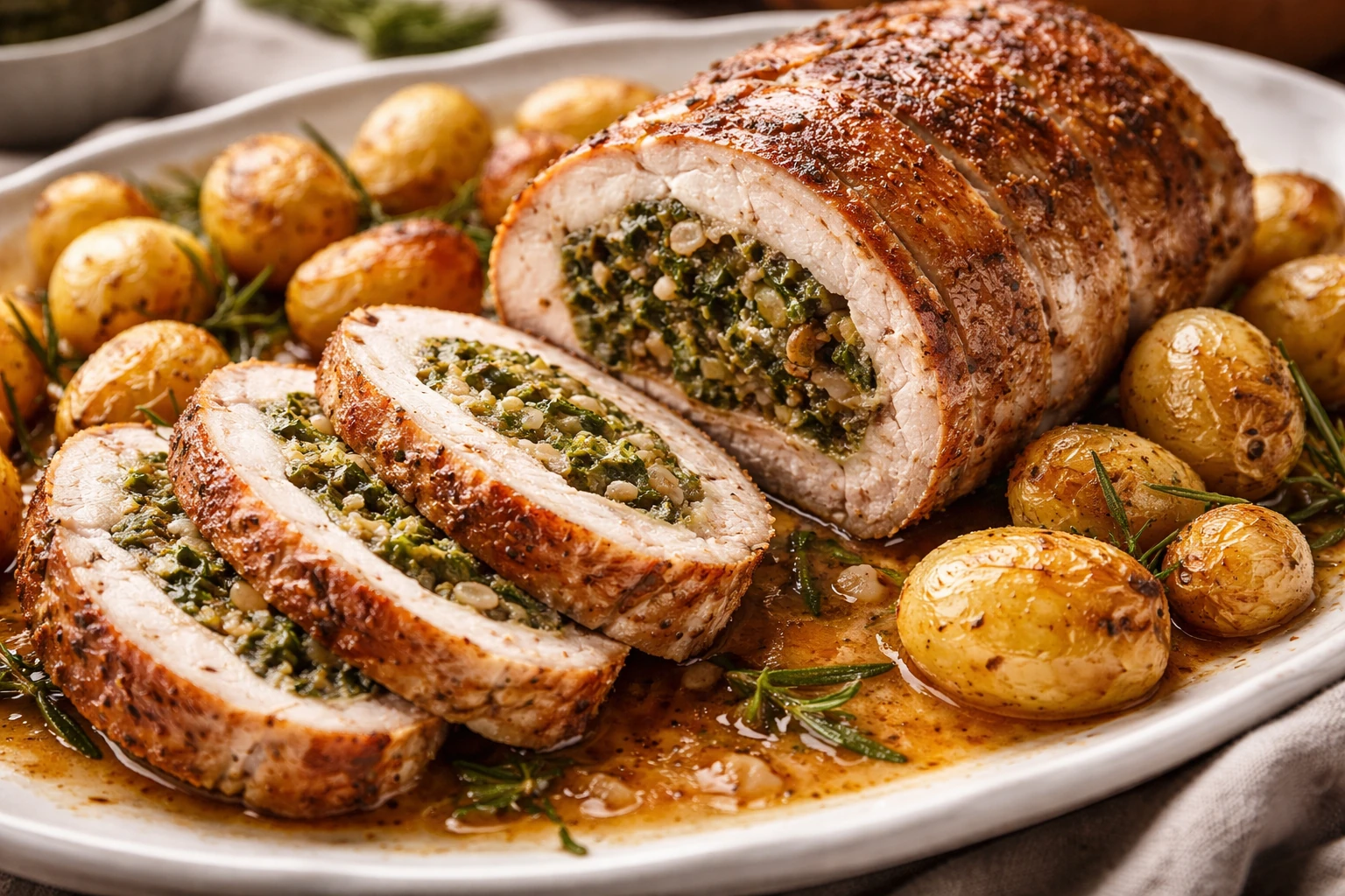Lonza di maiale ripiena con cime di rapa affettata e servita con patate novelle arrosto