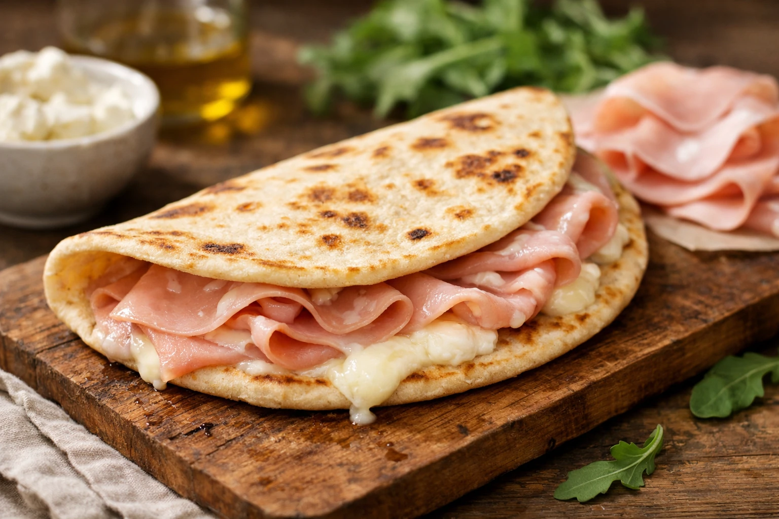Homemade Italian piadina filled with mortadella and soft cheese