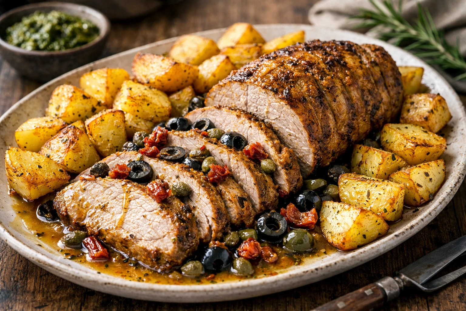 Sliced curry roast with olives and capers served with roasted potatoes