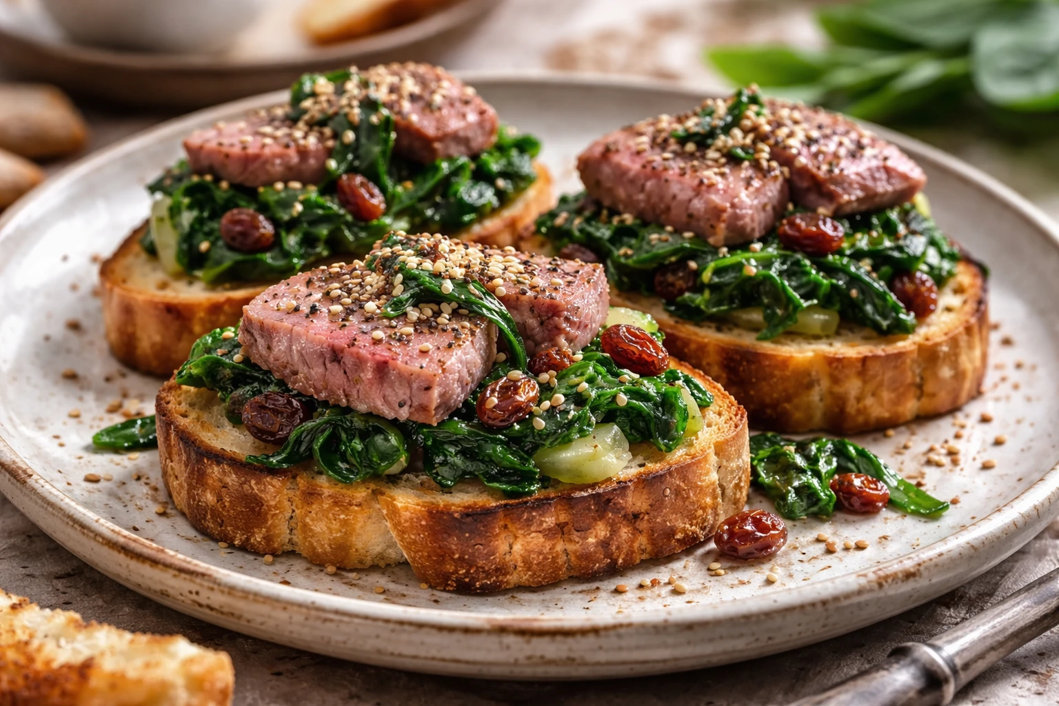 Rustic toasted bread with veal fillet, sautéed spinach and sesame seeds