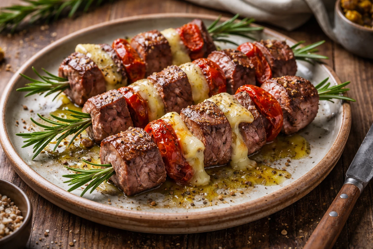 Spiedini di tagliata di manzo con brie fuso e pomodorini secchi serviti caldi