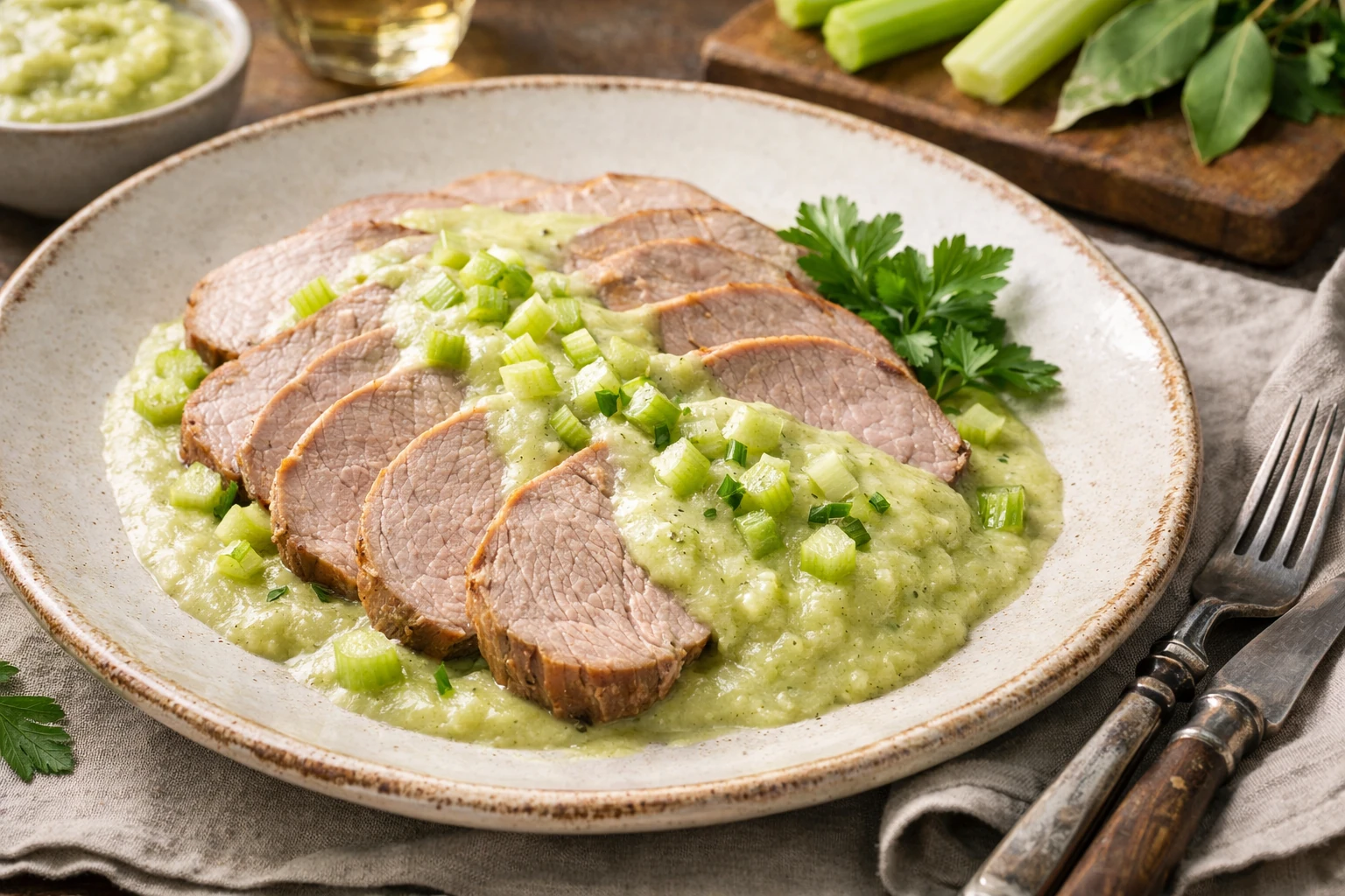 Sliced veal eye round served with creamy celery sauce
