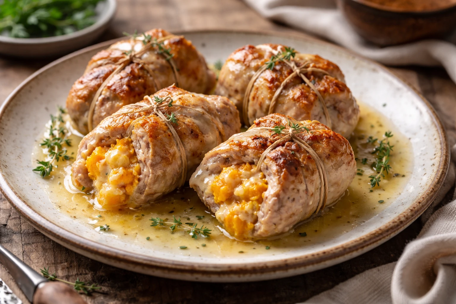 Veal parcels filled with pumpkin cream and truffle robiola served on rustic plate