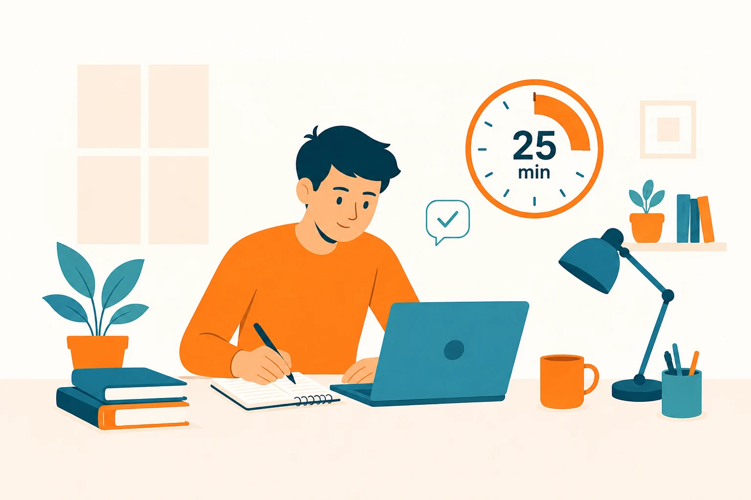 Persona concentrata alla scrivania mentre studia e lavora con computer, libri e timer.