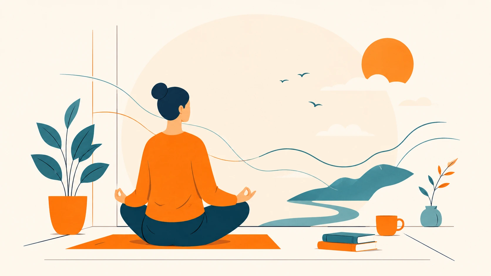 Persona in silenzio in un ambiente tranquillo, illustrazione minimalista nei colori blaze orange e teal blue.