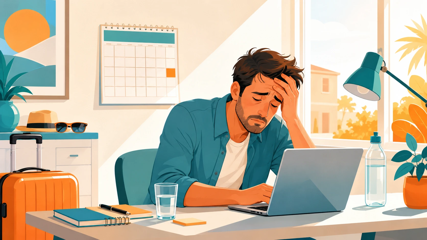 Uomo stanco al lavoro dopo Ferragosto mentre cerca di recuperare energie dopo le vacanze