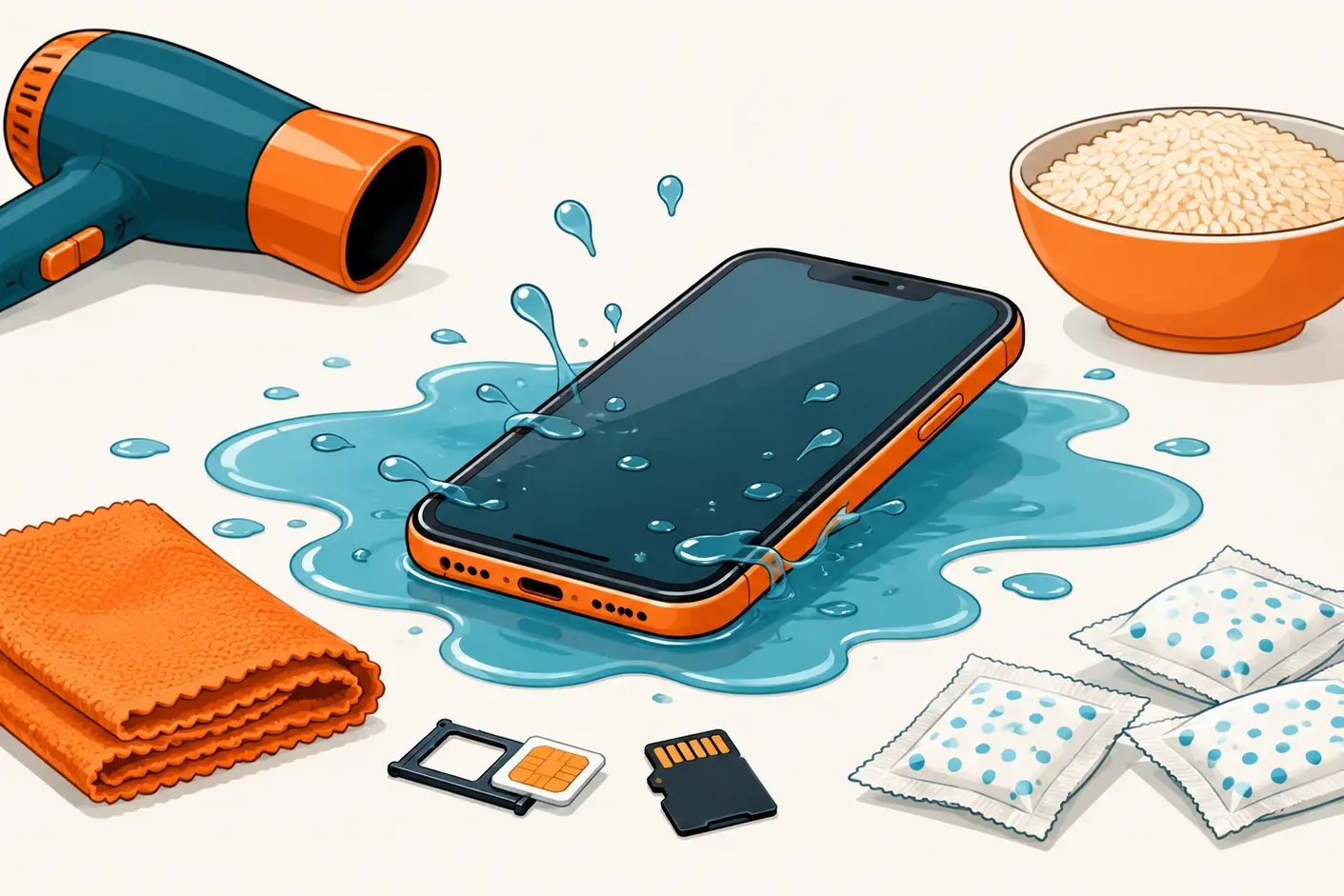 Telefono caduto in acqua con panno, SIM, gel di silice, riso e asciugacapelli