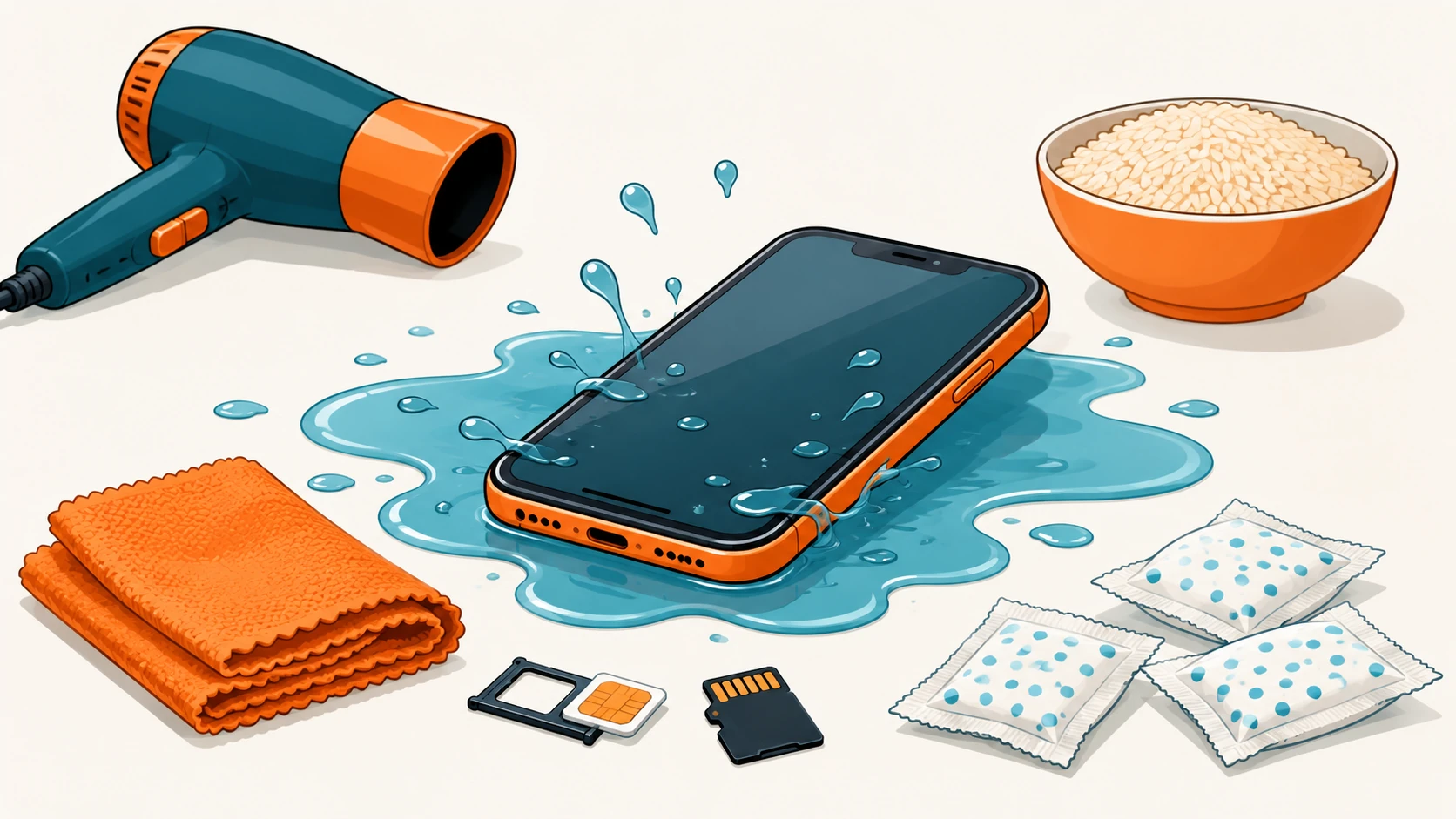 Telefono caduto in acqua con panno, SIM, gel di silice, riso e asciugacapelli