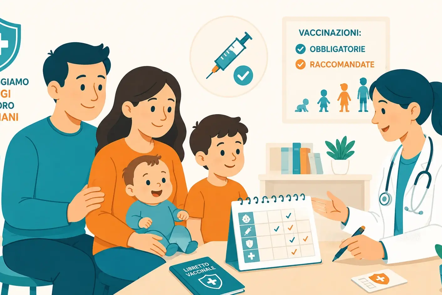 Famiglia con bambini durante un colloquio con una dottoressa sui vaccini obbligatori in Italia