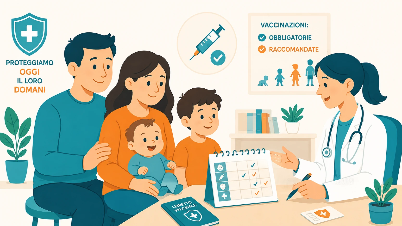 Famiglia con bambini durante un colloquio con una dottoressa sui vaccini obbligatori in Italia