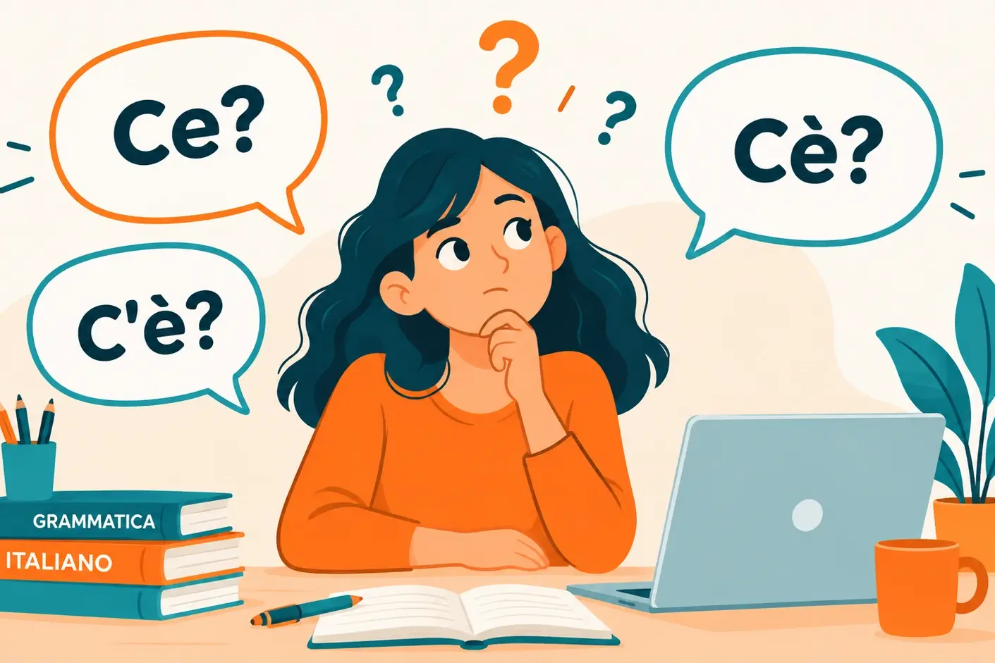 Illustration explaining the difference between ce, c’è and cè in Italian grammar